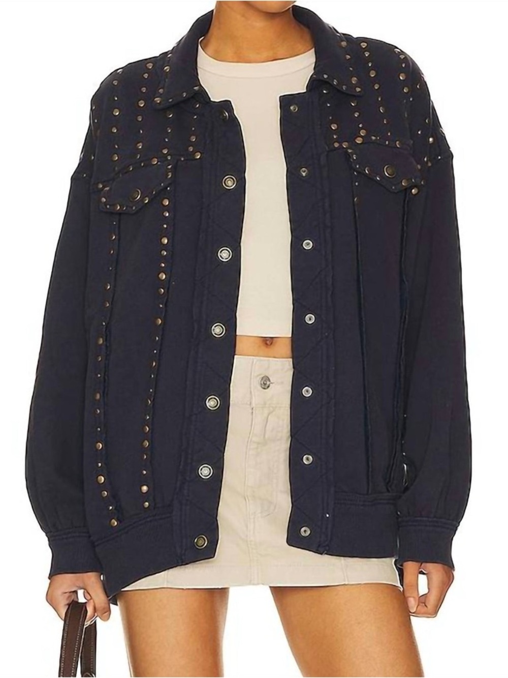 Stud-Accent Navy Jean Jacket - Women's